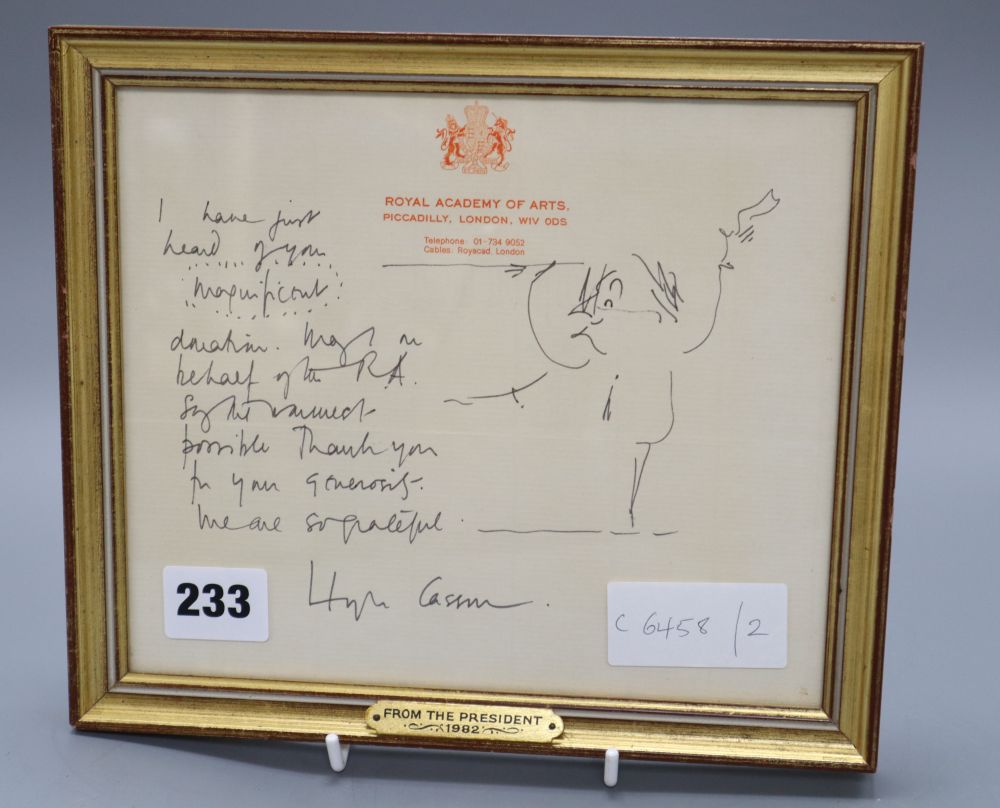 Hugh Casson: A framed signed letter, Park Gallery label verso